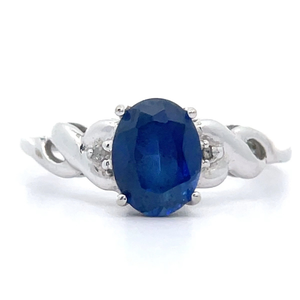 lot 41 image: Simulated Blue Sapphire & Diamond Three-Stone Infinity Symbol Ring in White Gold