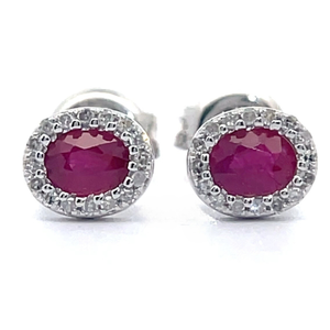 lot 35 image: Oval Ruby & Diamond Halo Cluster Stud Earrings in 14k White Gold