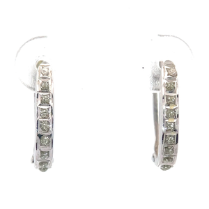 lot 36 image: Diamond Beveled Bezel Oblong Oval Hoop Earrings in 14k White Gold