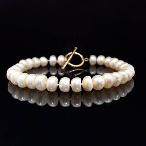 lot 49B image: 8mm White Cultured Pearl Single Strand Bracelet w 14k White Gold Toggle Clasp VIDEO