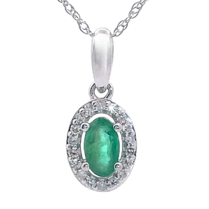 lot 24 image: NEW Oval Emerald & Diamond Halo Drop Pendant Necklace in White Gold