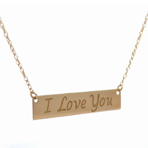 lot 55B image: NEW I LOVE YOU Engraved Bar Pendant Necklace in Yellow Gold