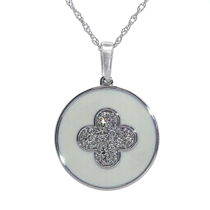 lot 20P image: Van Cleef Styled White Enamel and Diamond 18 Necklace in White Gold $999 Retail