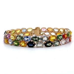 lot 27B image: Oscar Friedman 44.62 Carat Natural Multi-Colored Sapphire & Natural Diamond Bracelet in 14K Yellow Gold $37,940 Appraisal Included VIDEO