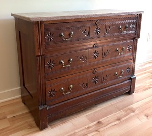 lot 13 image: Vintage Victorian East Lake Style Three Drawer Dresser with Marble Top