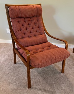 lot 67 image: Bentwood Lounge Chair with Ottoman in Rosewood & Original Fabric by Fredrik A. Kayser for Vatne Mbler, Denmark
