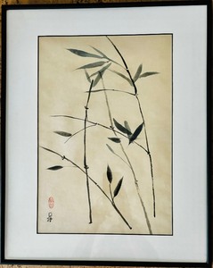 lot 99 image: Wall Art Two Green Bamboo Sticks and Black Frame Original Artwork by Betty Johnson