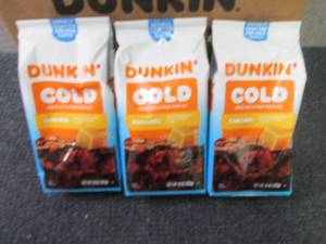 lot 421 image: 3- 10 oz Dunkin Cold Caramel Brew...