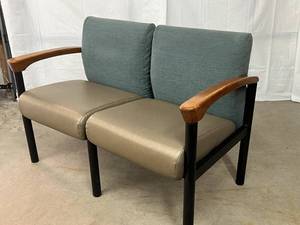 lot 62 image: High Quality Krug Two Seater Reception Office Waiting Room Chair - Good Condition Back Has Sun Damage To Fabric & Wood Accent Arms Has A Couple Slight Scuffs - Still a Nice Piece Of Office Furniture