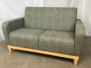 lot 51 image: MSRP $4000 High Quality Herman Miller (NemschoffBrandrud) Reliant Plus Loveseat Reception Guest Waiting Room Chair Lounge Seating With Maple Wood Accents & Stain Resistant Upholstery - Excellent Condition