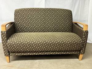 lot 57 image: MSRP $4500 High Quality Krug Jordan Series Upholstered With Beech Wood Finish 2 Seater Loveseat Lounge Chair - 525lb Weight Capacity - Lifetime Warranty - Excellent Condition
