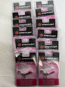 Lot of 12 NEW In Packages Pink Breast Cancer Research Foundation Streamlight LED Nano Light Flashlights with IEC-LR41 Coin Cell Batteries On Keychains