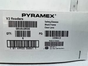 MSRP $120  2 Boxes (6 each per box) NEW Pyramex&nbspV2 Readers Safety Glasses with 3.0x Magnification Bi-Focal Reading Lens, Black Frame &amp Clear Lens
