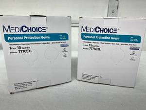 Lot of 2 Boxes (15 Gowns per box) NEW MediChoice 77765XL 15-Pack Light Weight Open Back Fluid Resistant Personal Protection Gown with Thumbloops, Apron Neck &amp Tie Waist - XL Blue