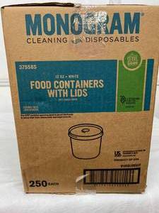 1 Case (250 cups &amp lids) NEW Monogram Cleaning Disposables 375585 12 oz.&nbspHeavy Duty Poly Coated Paper Togo Soup Cups Round Containers with Lids - White&nbsp
