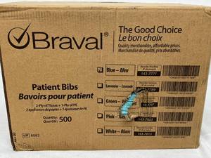 1 Case (500 each) NEW Braval 143-7771 Single-Use 2-Ply Tissue  1-Ply PE Patient Bibs - Blue