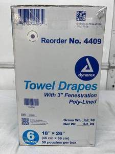 1 Case (300 each) NEW Dynarex 4409 50-Pack 18 x 26 Sterile Towel Drapes with 3 Fenestration Poly Lined