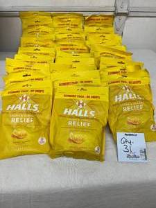 Lot of 31 Bags (80 drops per bag) NEW Halls 80-Drop Economy Pack&nbspCough &amp Throat Suppressant&nbspRelief Menthol Oral Anesthetic&nbspDrops - Honey Lemon Flavor - Expiration 2625