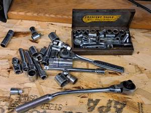 lot 57 image: Crescent Tools 14 and 38 Drive Sockets and Ratchets  Assorted with Metal Tool Box