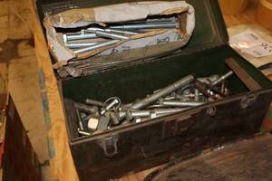 lot 248 image: 16 Metal Tool Box with Assorted Large Bolts, Nuts and Washers