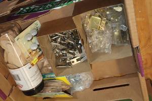 lot 253 image: Lot of (1 Box) Assorted Fasteners - Biscuits, Latches, Screws, Glides