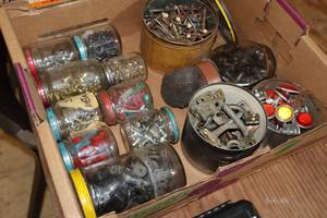 lot 257 image: Lot of (1 Box) Assorted Hardwares - Nails, Rivets, Grease Fittings, Handles, Latches and Reflectors