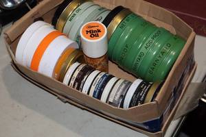 lot 1038 image: Lot of (1 Box) Assorted Shoe Polishes - Mink Oil, Black, Oil Paste, Shoe Cream