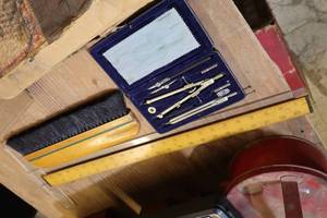 lot 304 image: Vintage Drafting Set - Ruler, Custom Lightweight T-Square Straight Edge, Hand Broom and Case