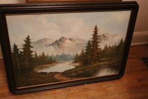 lot 1087 image: Bevel Edge Wood Framed Wall Art - Mountain Lake Nature Scene