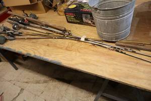 lot 330 image: Lot of (10) Assorted Fishing Poles with Metal Pail