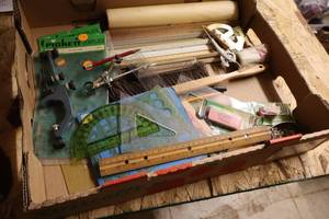 lot 341 image: Lot of (1 Box Top) Assorted Drafting Supplies - Templates, Protractors, Pencils, Rulers, Tacks