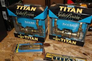lot 389 image: Titan Bed & Bath Solid Brass Door Knob Sets (x2) and Door Bell (x1)