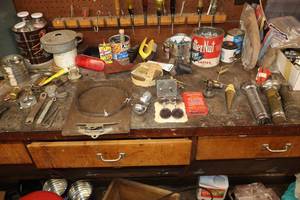 lot 596 image: Contents of Work Bench - Assorted Parts, Tools and Fasteners, Vintage Flashlights, Plumb