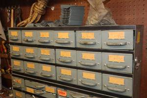 lot 597 image: Metal Parts Organizer with Assorted Fasteners