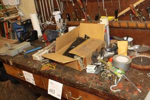 lot 600 image: Contents of Work Bench - Assorted Parts, Hand Tools
