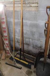 lot 1321 image: (2) Push Brooms, (1) Extra Broom Head, (1) Floor Squegee
