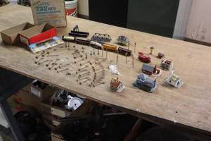 lot 1448 image: Toy Train Accessories - Train Cars, Houses, Track Sections, Train Bridge, Telephone Poles
