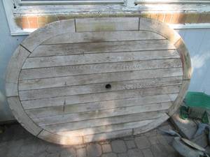 lot 93 image: Oval wood Patio Table and base with...