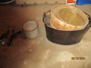 lot 503 image: Tin bucket and baskets, stoneware c...