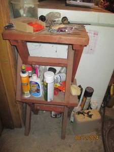 lot 371 image: 2 small benches and contents on and on floor mostly cleaning supplies