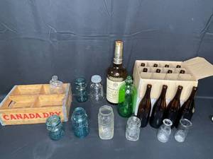 Vintage Canada Dry Wooden Crate with Assorted Glass Bottles and Jars