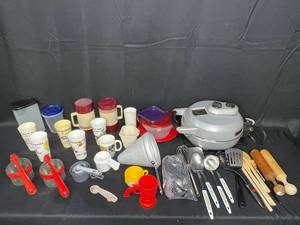 Large Assortment of Kitchen Utensils, Cartoon Cups, and Breville Electric Appliance