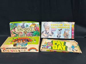 Lot of 4 Vintage Board Games Dino-Opoly, War of the Networks, View-Master Klomp-It, and Pay Day