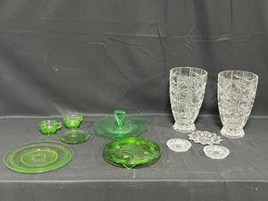 Lot of Vintage Pressed Glass and Uranium Glass Tableware