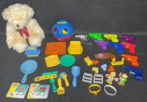 Lot of Assorted Childrens Toys - Teddy Bear, Play-Doh Tools, and Toy Guns