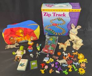 Lot of Assorted Toys and Figures - Zip Track, Lion King Bag, and More