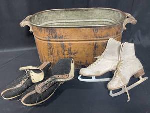 Vintage Ice Skates and Metal Wash Tub Lot