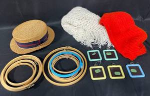 Collection of Embroidery Hoops, Frames, Scarves, and Brooks Brothers Hat