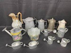 Assorted Vintage Pitchers, Watering Cans, and Decorative Metalware Collection