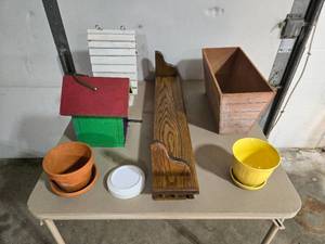 Assorted Birdhouses, Planters, and Wall Shelf Lot